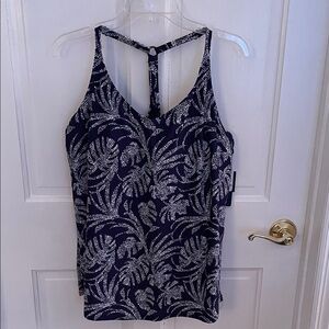 ISLAND ESCAPE Macy’s navy and White Patterned Tank Top Swim Tankini size 14 NWT